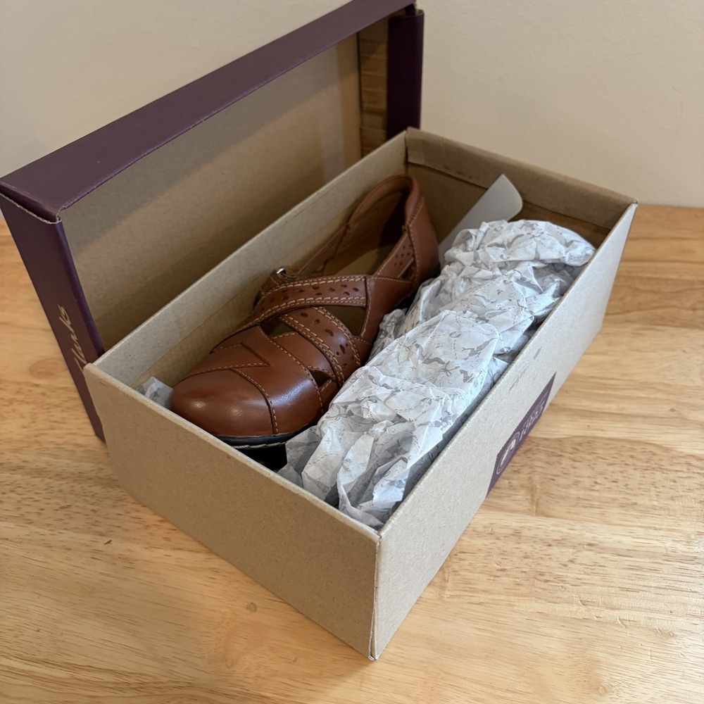 Clark Bendables Ashland Spin Brown Tan Leather 6.5m Adjust Comfort Cottagecore - Picture 5 of 6